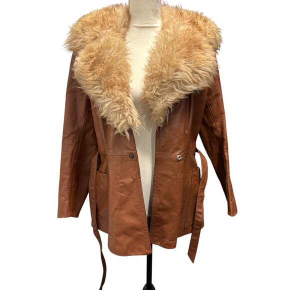 Vintage 1960s Brown Leather Belted Penny Lane Jacket With Faux Fur Collar - Picture 4 of 13